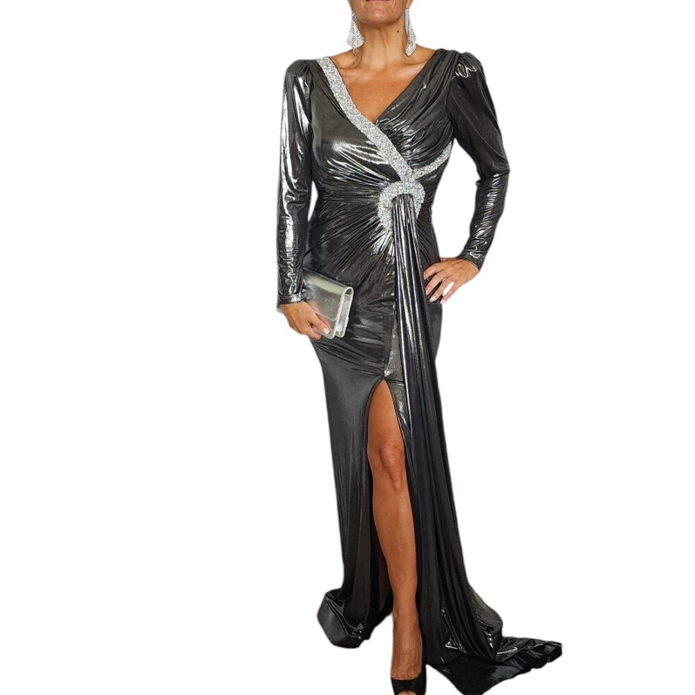 Metallic Black Long Sleeve Gown with Rhinestone Detailing Evening Dress Size M